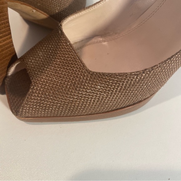 Sergio Rossi Brown Pearlized Linen Fabric Open Toe Heel Slip On Pump  Shoe Sz 36 - Picture 3 of 10